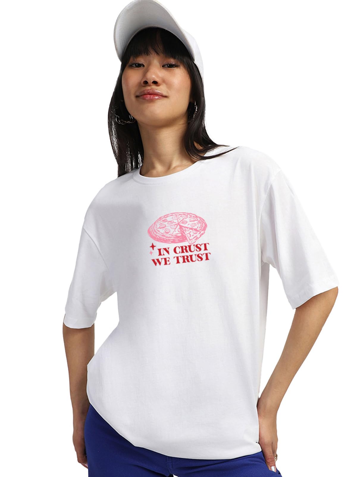 JUNEBERRY Camiseta de algodón 100 % puro de gran tamaño, ajuste holgado frontal y trasero, con estampado gráfico de Slice Society en blanco y negro, cuello redondo, para mujeres y niñas (tallas: S a