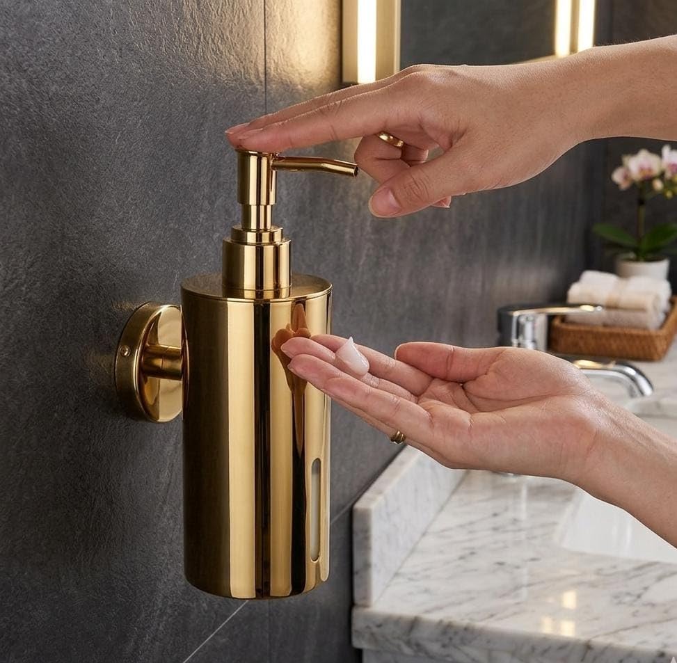 Wall-Mounted Soap Dispenser, Stainless Steel, Pump Bottle for Bathroom, (PVD-Gold, Large)-image-8