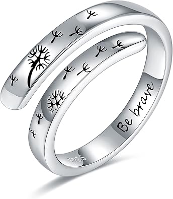 925-Sterling-Silver Adjustable Dandelion Rings for Women - Engraved Be Brave and Dancing Dandelion,White Gold Plated,Encouragement Christmas Jewelry Gifts