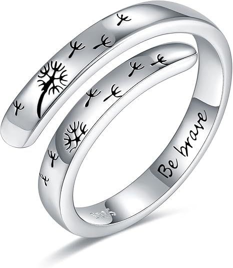 925-Sterling-Silver Adjustable Dandelion Rings for Women - Engraved Be Brave and Dancing Dandelion,White Gold Plated,Encouragement Christmas Jewelry Gifts