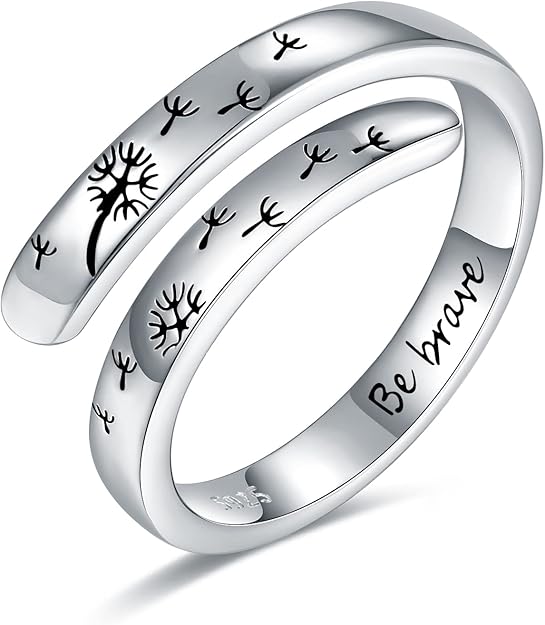 925-Sterling-Silver Adjustable Dandelion Rings for Women - Engraved Be Brave and Dancing Dandelion,White Gold Plated,Encouragement Christmas Jewelry Gifts