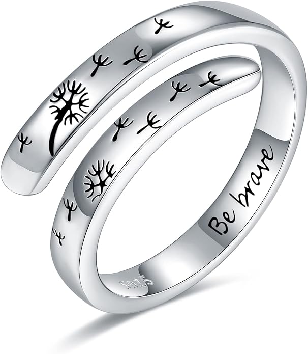 925-Sterling-Silver Adjustable Dandelion Rings for Women - Engraved Be Brave and Dancing Dandelion,White Gold Plated,Encouragement Christmas Jewelry Gifts