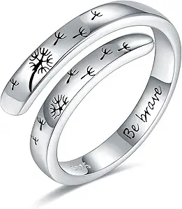 925-Sterling-Silver Adjustable Dandelion Rings for Women - Engraved Be Brave and Dancing Dandelion,White Gold Plated,Encouragement Christmas Jewelry Gifts