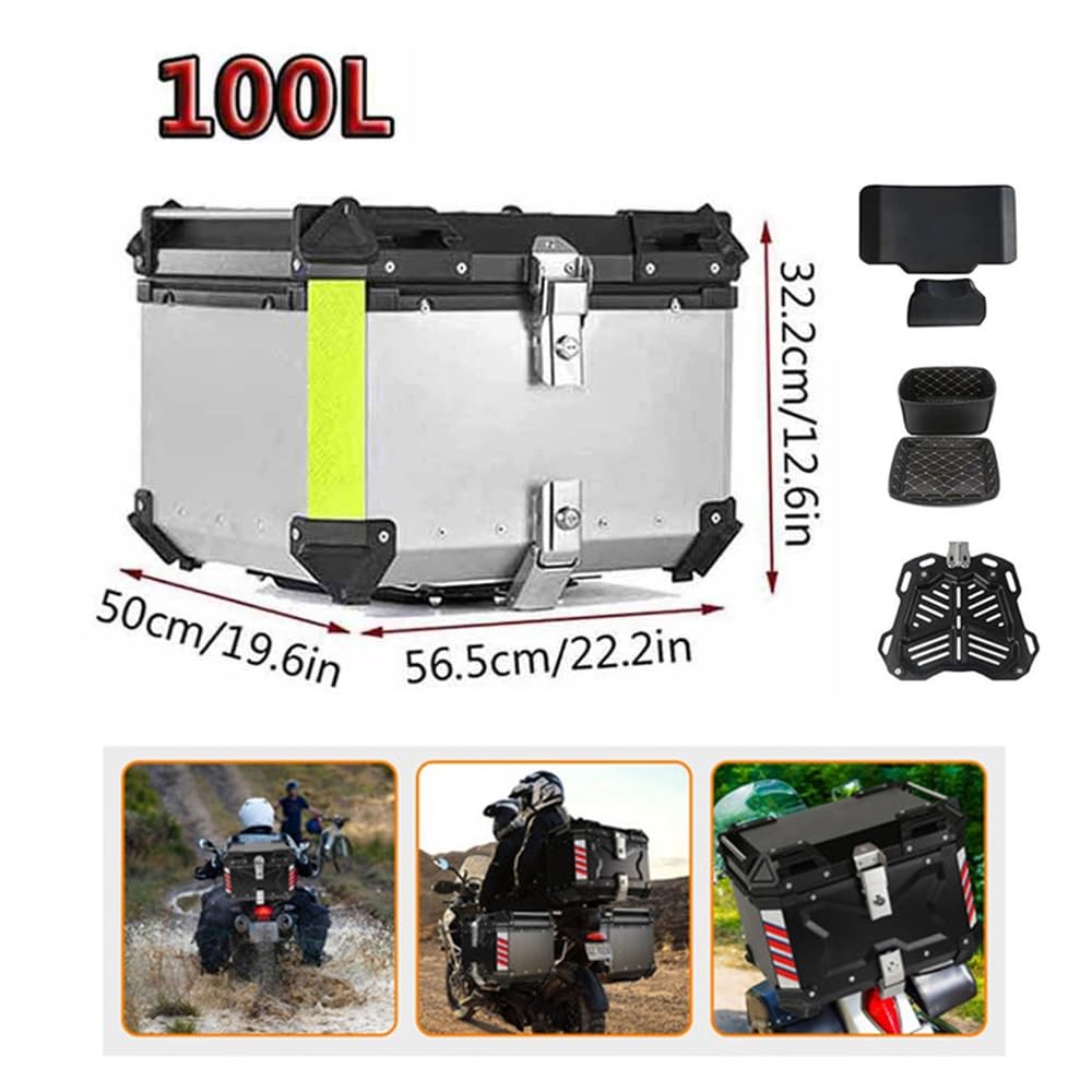 Valise pour Moto, 28L 36L 45L 55L 65L 80L 100L Top Case Coffret De Moto Aluminium Design Étanche Coffre Topcase avec Dossier de Passager et Plaque de Base(Silver,100L)