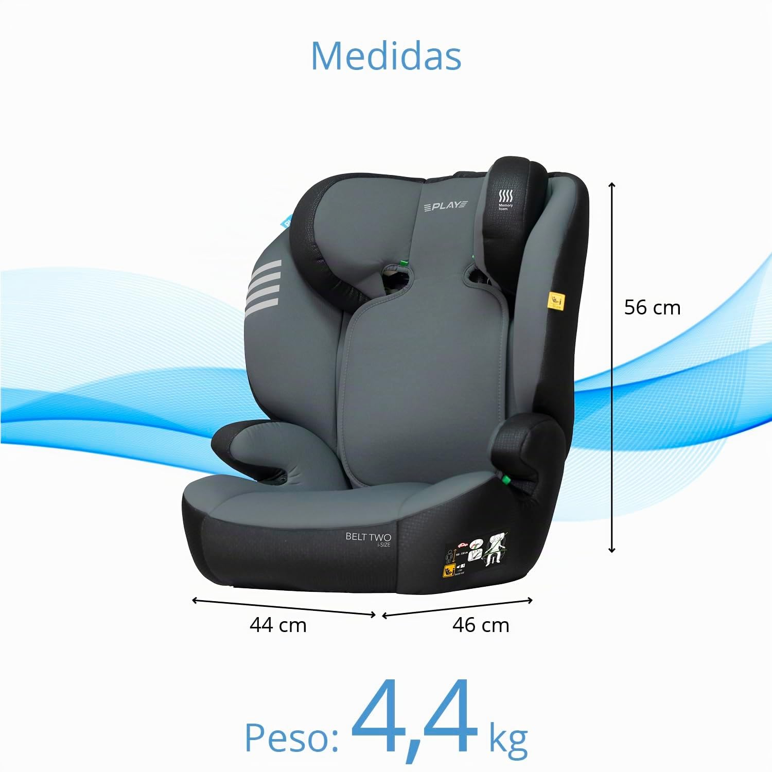 Play Belt Two I-Size. Silla de coche para niño de 3 a12 años (100-150 cm), instalación universal con cinturon, color gris