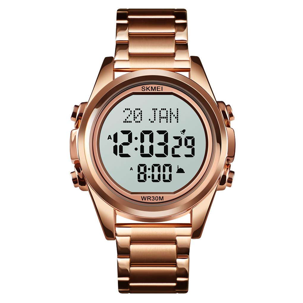 SKMEI Stainless Steel Men Watches Qibla Time Reminder Led Watch Steel Band Digital Wristwatch, Black Dial, Rose Gold Band (B0CM8RXHRH) Amazon Price History, Amazon Price Tracker