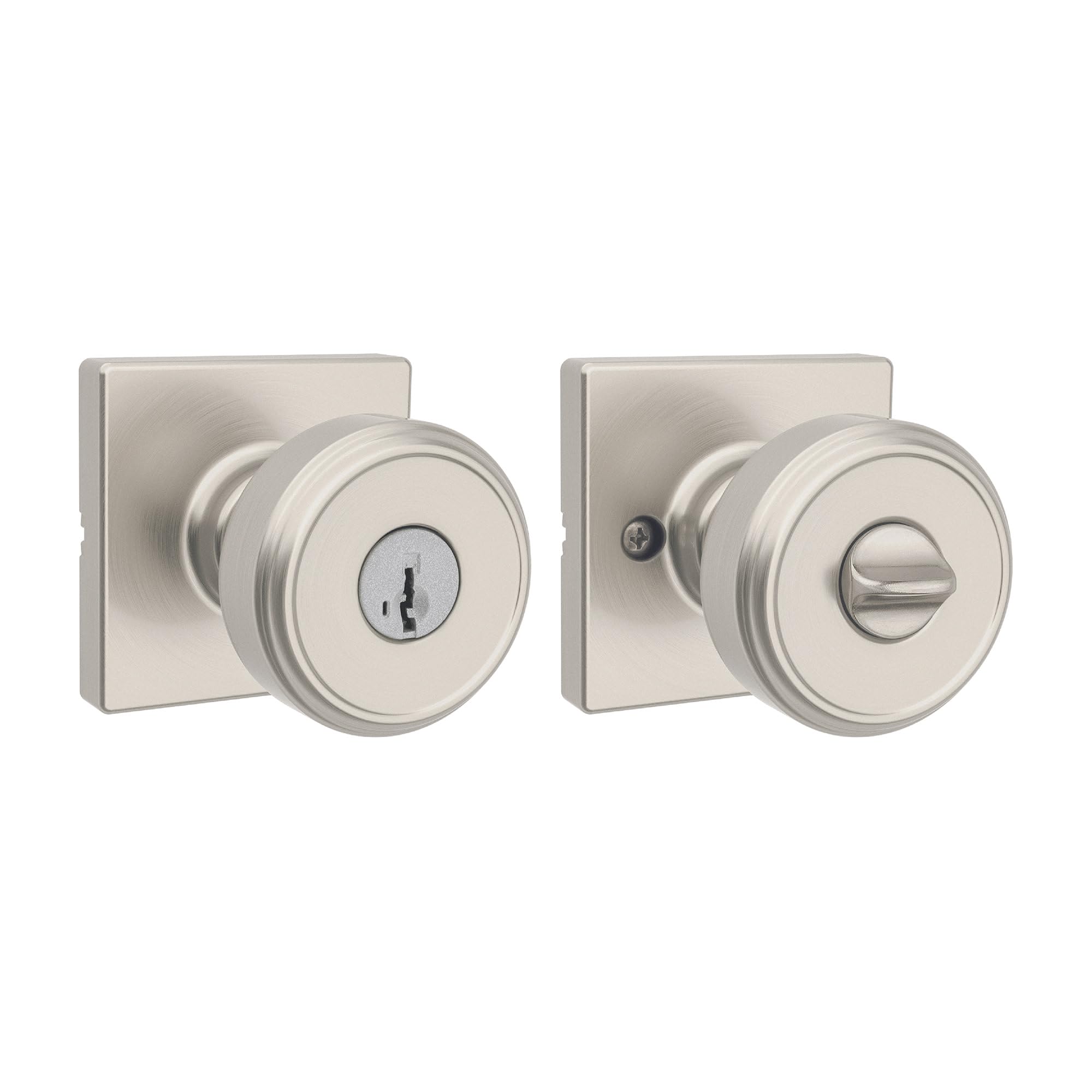 Kwikset Maven Entry Door Knob with Lock and Key, Secure Keyed Handle Exterior, Square Front Entrance and Bedroom, Satin Nickel, Pick Resistant SmartKey Rekey Security and Microban