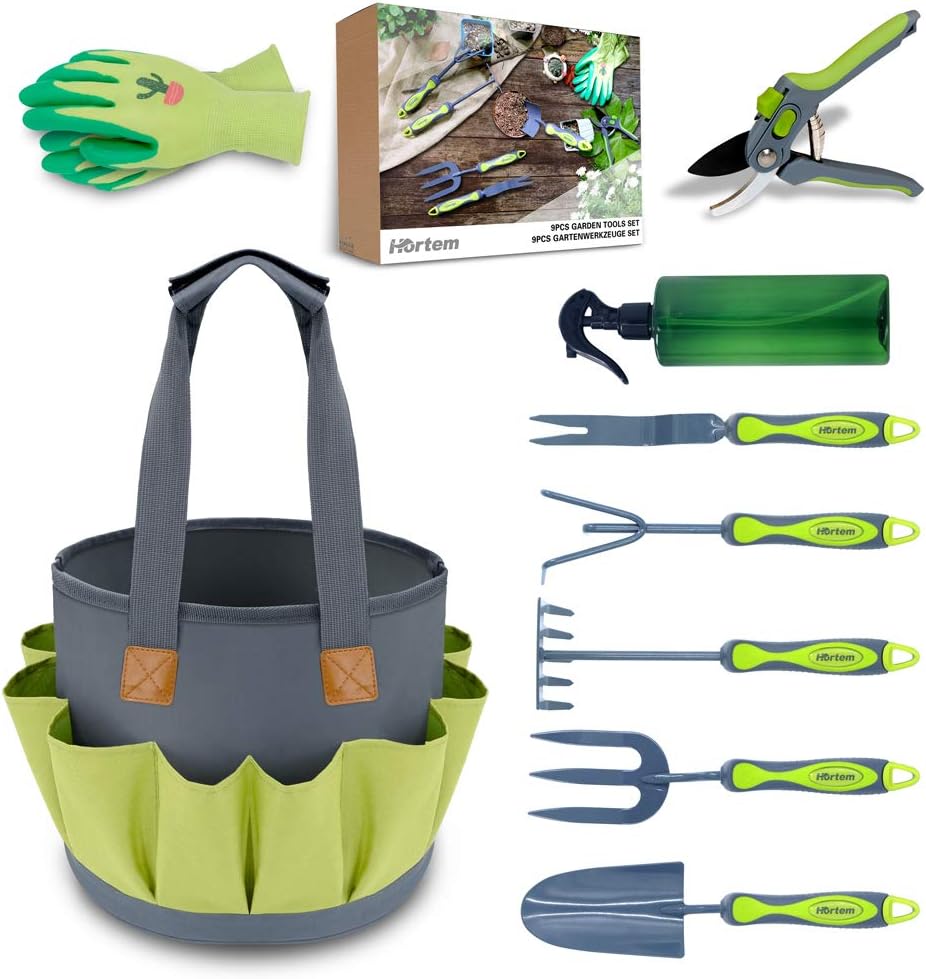 Hortem Gardening Tools Set Christmas Gardening Gifts for Women Men, Durable Hand Garden Tools Include Trowel, Cultivator, Rake, Weeder, Pruner, Garden Tote Bag and Garden Glove