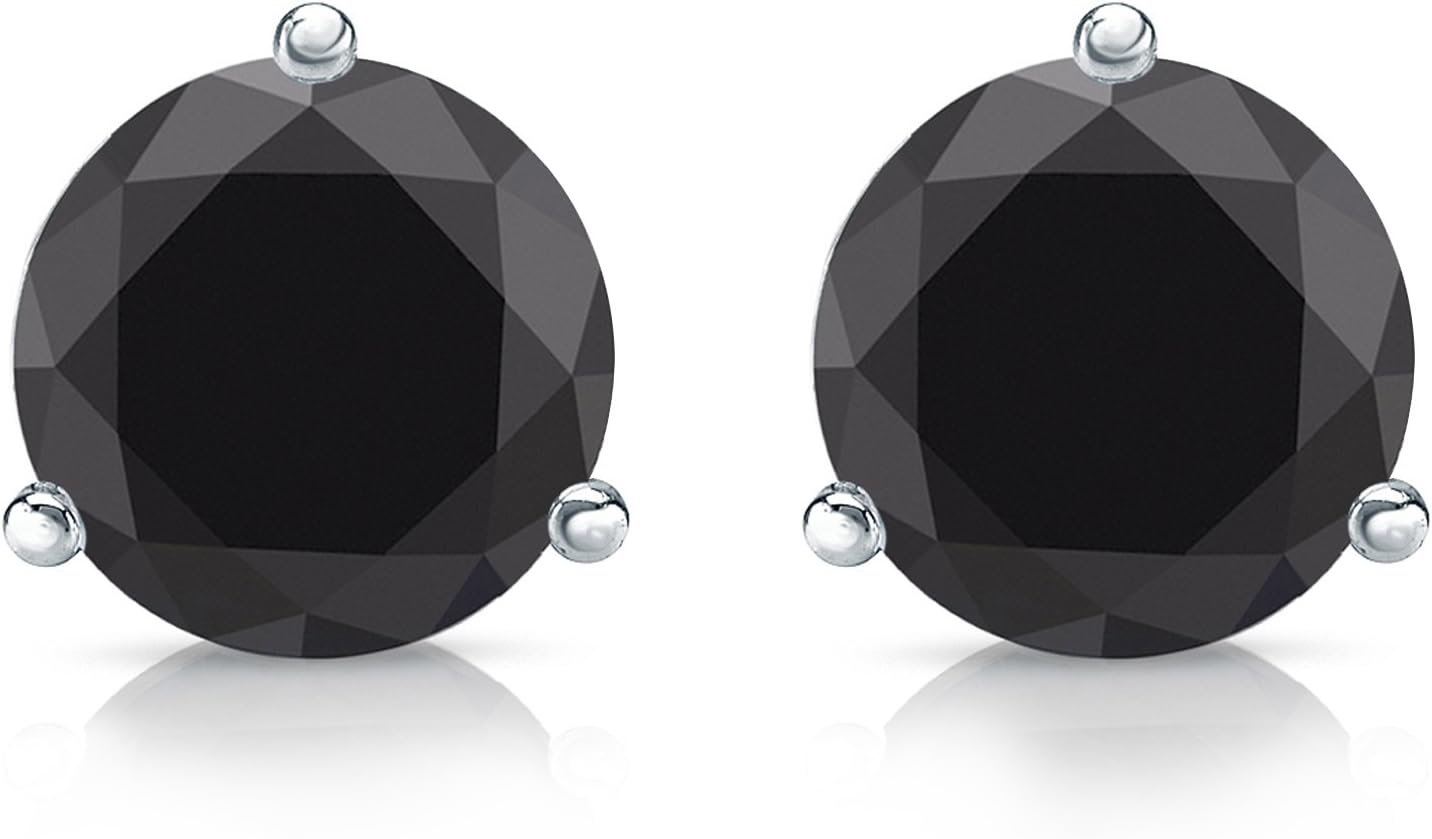 Platinum Round Black Diamond 3-Prong Martini Stud Earrings (1/2-4 ct, Black) Push-Back - Image 3