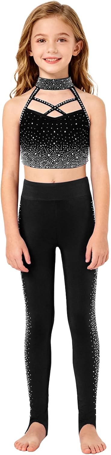 Kids Girls Gymnastics Dance Suit Figure Skating Outfits 2 Pcs Rhinestone Crop Tank Tops And Leggings Set Black 12 Years