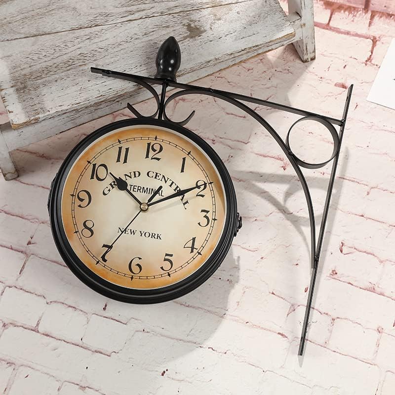 Dyna-Living Double Sided Wall Clock 7-inch Vintage Wall Clock Retro Train Station Clock Indoor Hanging Clock with Mute Chip for Living Room Bedroom Study Wall Decoration (Diameter 7 inches)