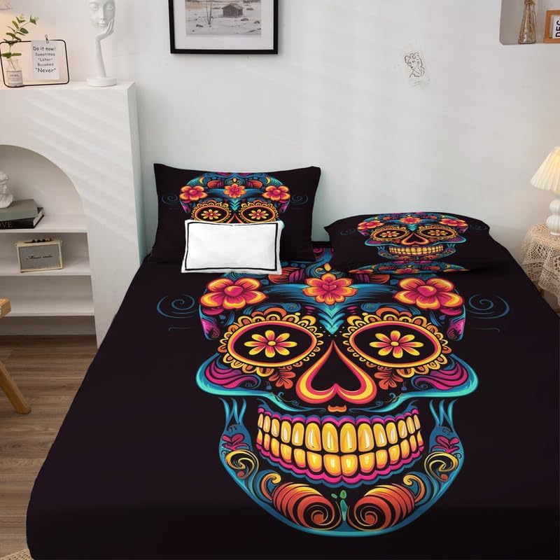 Miniatura 10 de Sugar Skull - Juego de sábanas de tamaño California King, sábanas del Día de los Muertos mexicanos, sábanas suaves y profundas y sin arrugas, 1