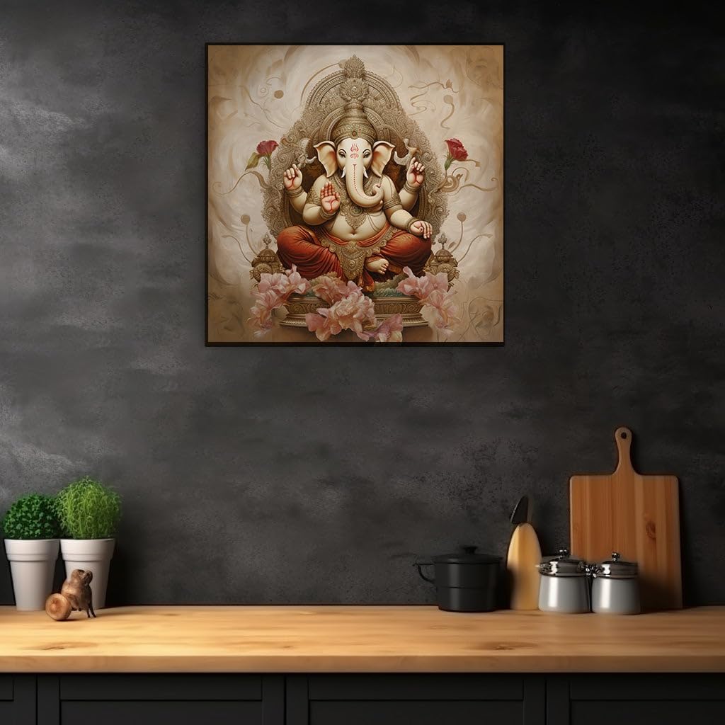 Canvas for Living room. Embracing Serenity with Lord Ganesha Amidst a Garden of Pink Blossoms, 27 x 18 inch Canvas Wall Art - Contemporary Masterpieces - Zen Wall Decor - 69x46 cm (27x18 inch)