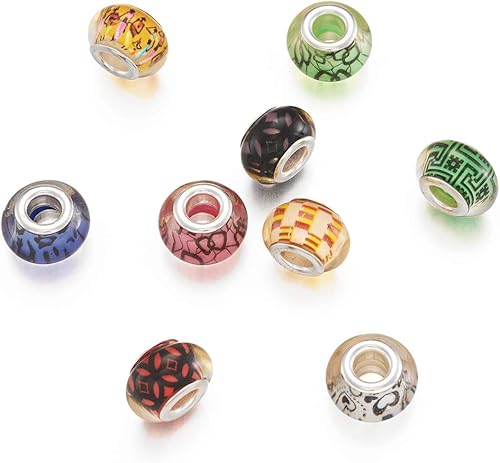 Miniatura 9 de Beadthoven 100 cuentas europeas acrílicas de color mixto con agujero grande con latón plateado doble núcleos de 0.551 x 0.354 in, patrón surtido de