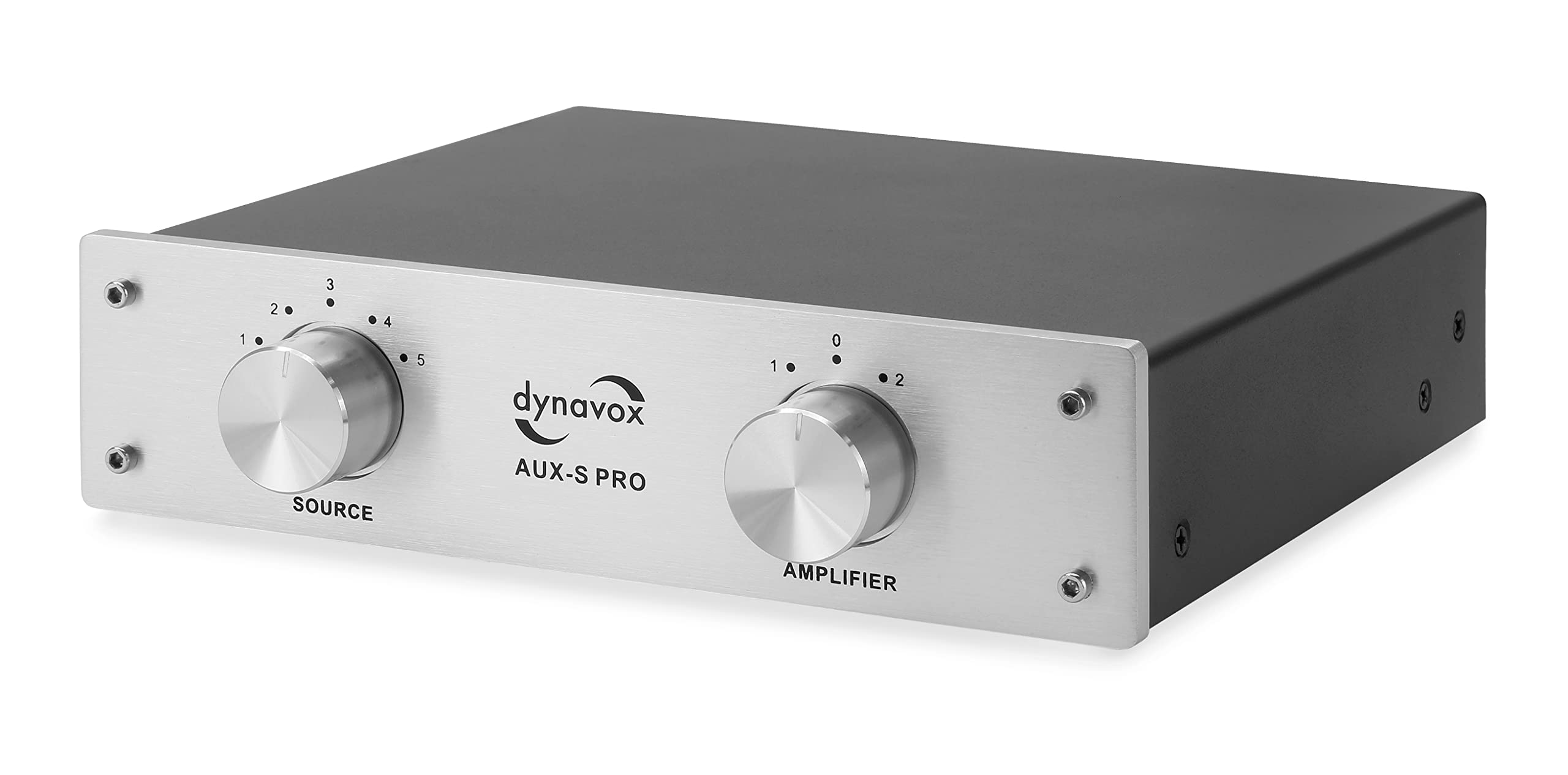 Dynavox AUX-S Pro, possibilità di commutare tra 5 ingressi Sorgenti stereo (Platino CD, DVD, Radio ecc...), 2 Uscite amplificatori (stereo, Surround), argento