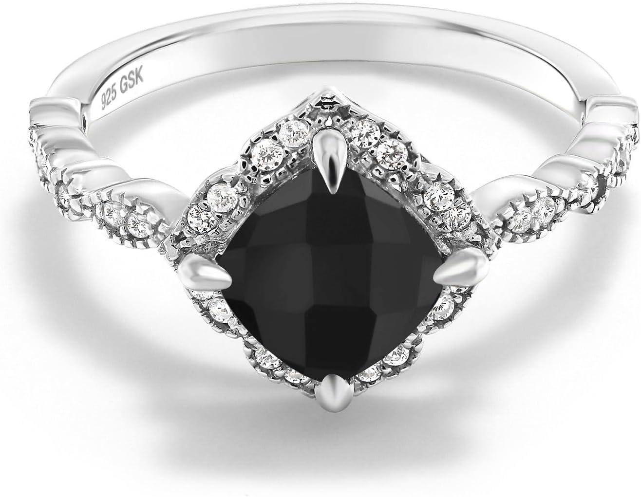 Gem Stone King 7MM Cushion Cut Gemstone Birthstone and White Moissanite Solitaire Engagement Ring For Women | 925 Sterling Silver | Available in Size 5, 6, 7, 8, 9