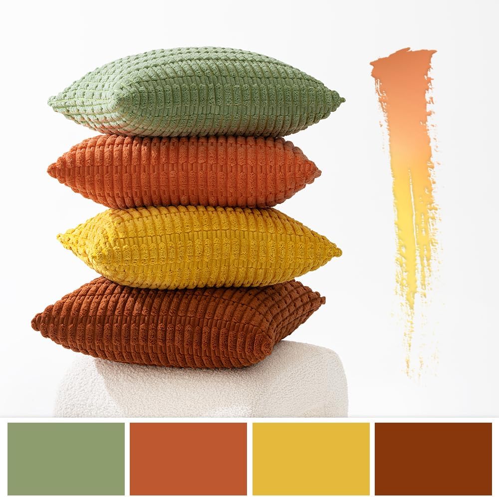 MIULEE Pack of 4 Summer Western Boho Corduroy Decorative Throw Pillow Covers 20x20 Inch Modern Accent Soft Striped Pillow Covers Home Decor for Sofa Living Room Couch Bed Orange Green