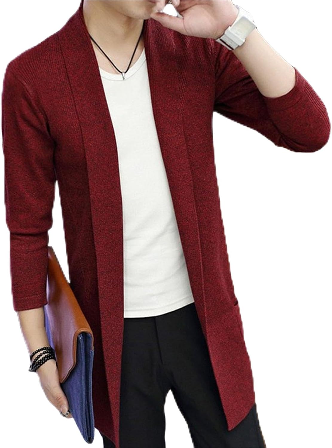 Men's Cardigan Long Shawl Collar Open Front Sweater Fashion Overcoat Trench Tops Ribbed Knit Sweater With Pockets