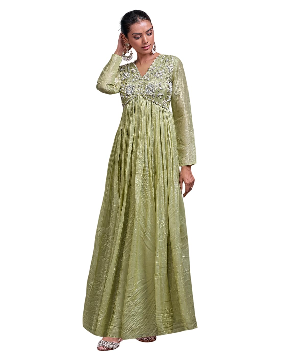Olive Silk Blend Thread Embroidery with Pearl Embellishment Gown-image-8