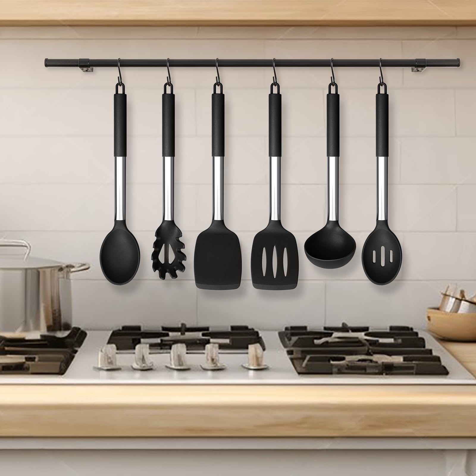 HaWare Set di utensili da cucina, 6 pezzi in silicone nero, resistenti al calore, con manico in acciaio inossidabile per utensili da cucina antiaderenti, gli strumenti da cucina includono mestolo