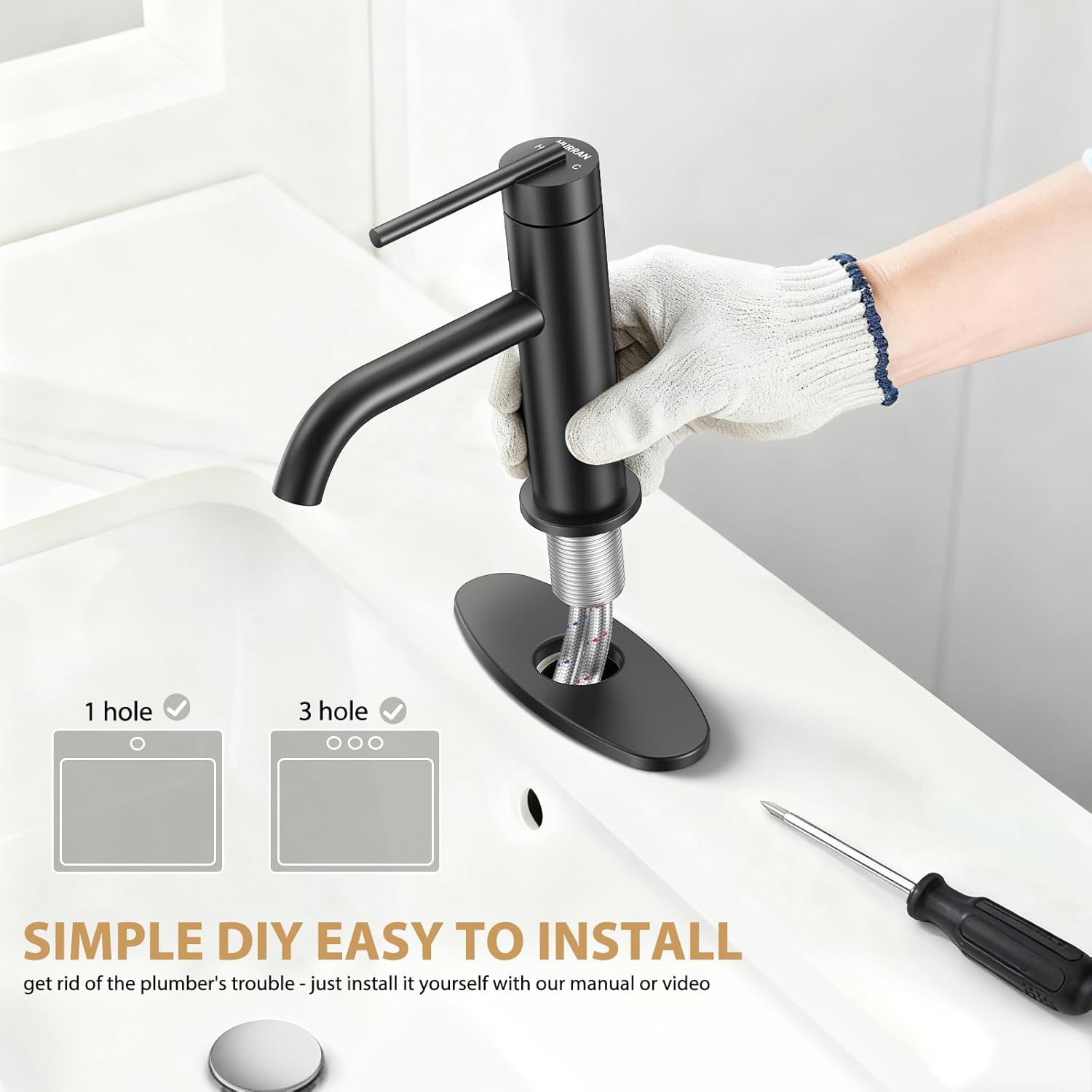 HURRAN 1 Hole Bathroom Faucet for Single Handle, Black Bathroom Faucet with Pop-up Drain and Deck, Fits 1 Hole or 3 Hole Installations for Vanity, Bathroom & RV, 2 Pack