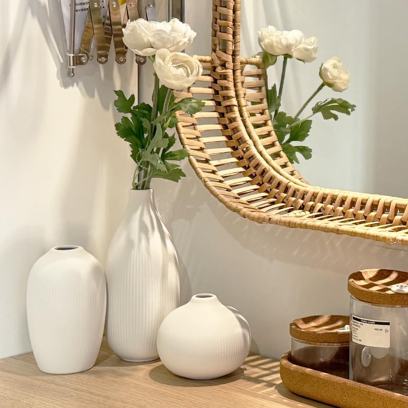 White Ceramic Vase Set of 3 - Small Modern Minimalist Ceramic Bud Vases for Home Decor - Boho Aesthetic Flower Vases for Desk, Shelf & Table, Mantle, Bookshelf (Cute & Versatile) (White) - Image 3
