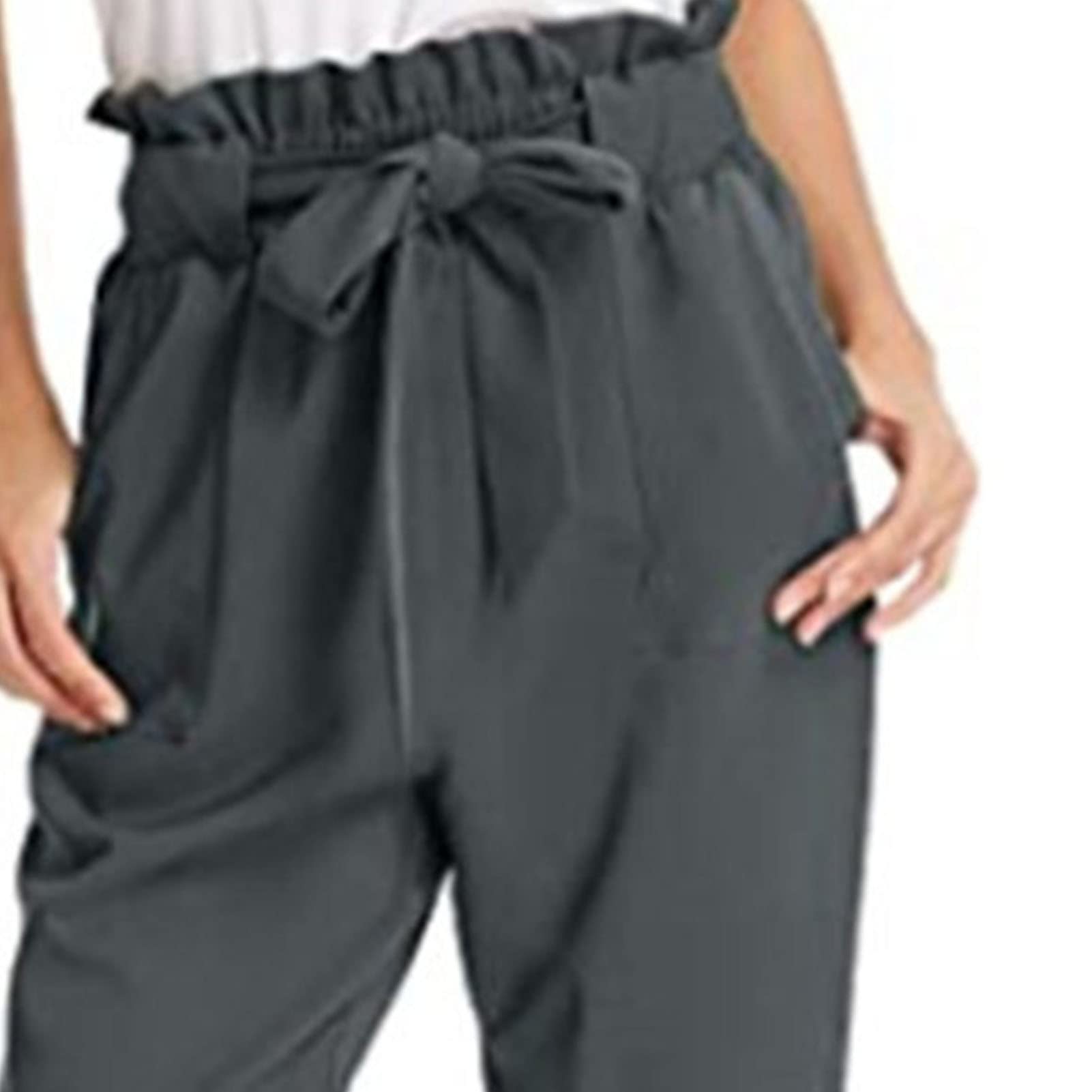 Maiyifu-GJ Women's High Waist Paper Bag Pants Solid Self Tie Belted Pencil Trouser Casual Drawstring Long Pants with Pocket (Dark Grey,XX-Large)