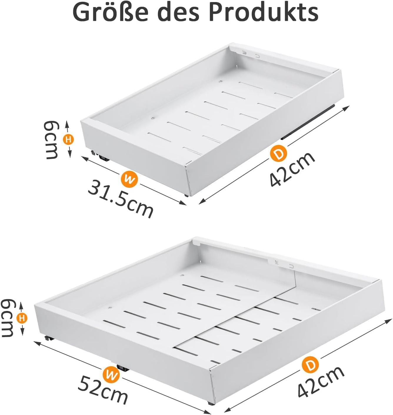 2er Set Teleskopschubladen - Verstellbare Ausziehschieber (32-53cm Breite) für Küchenschränke | Mit Klebebefestigung & 3 Schienensystem | 34kg Tragkraft (Weiß)