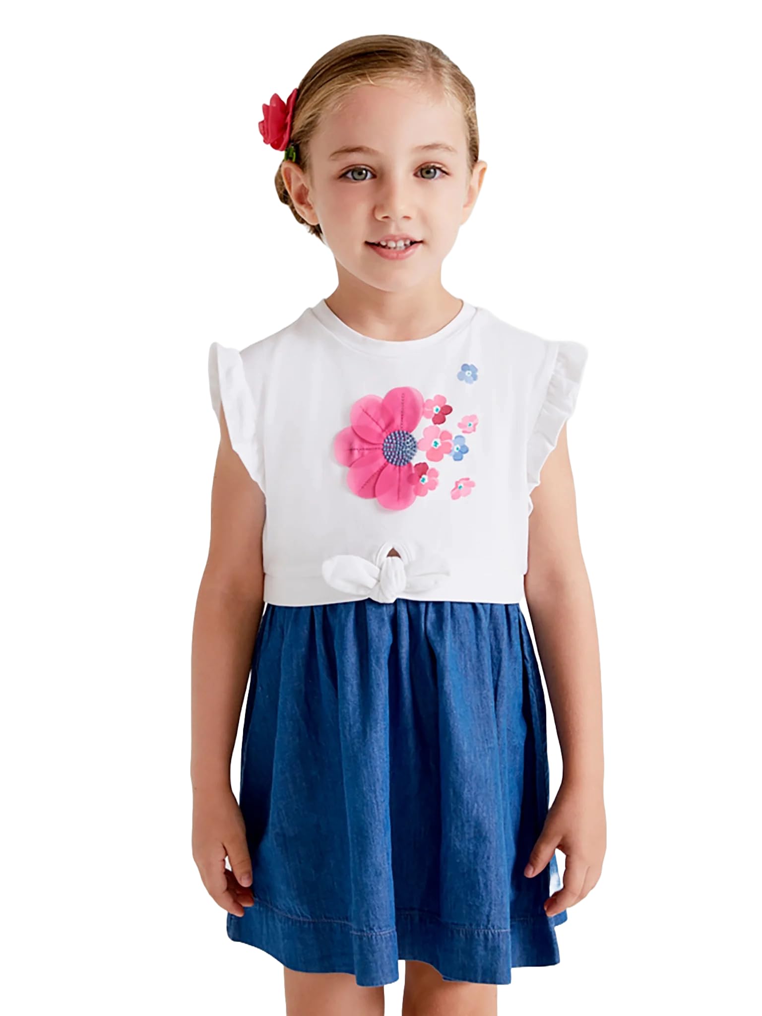 Mayoral Vestito Bambina Estivo in Cotone e Denim con Fiore Decorativo e Gonna Blu