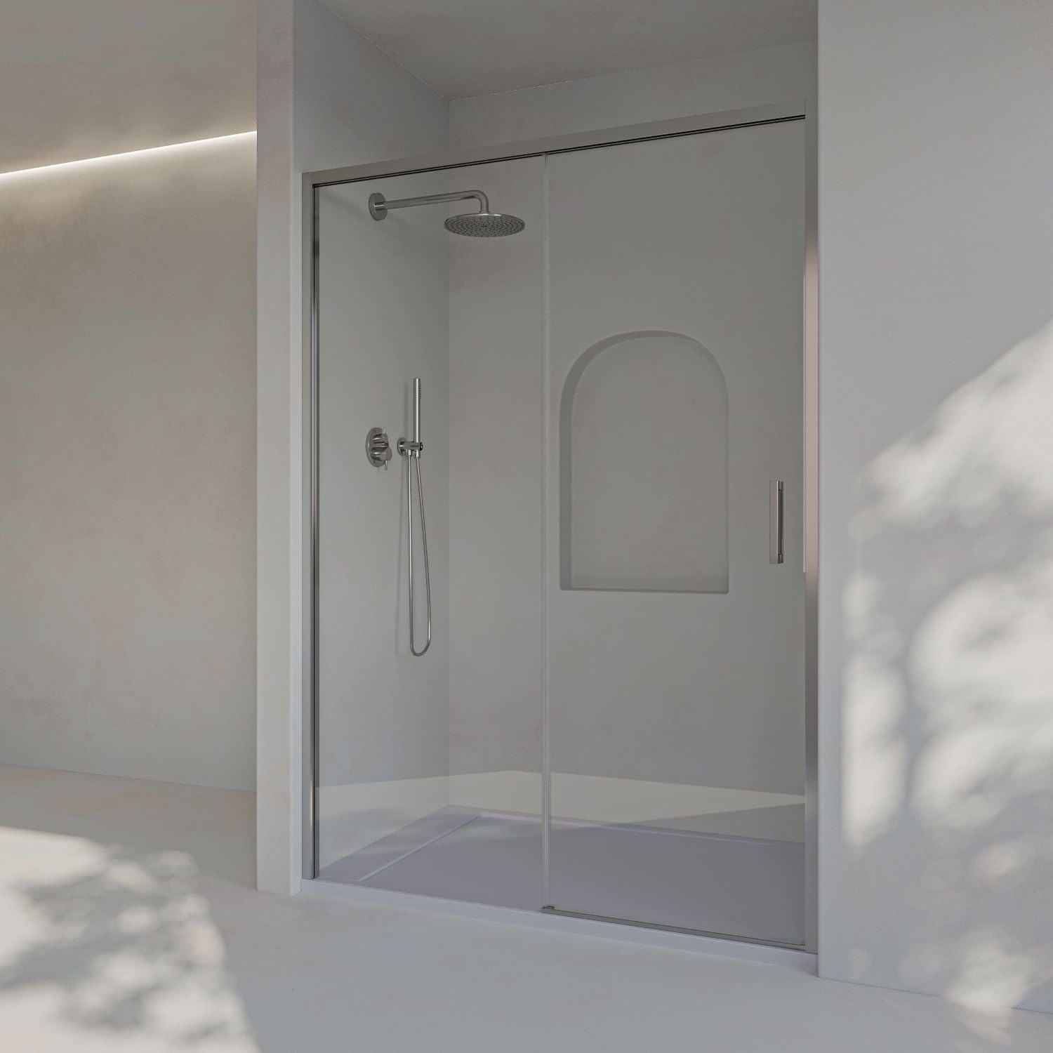 SoulHome Mampara ducha frontal 163,5 a 168 cm x 195cm H, REVERSIBLE, Plata | 1 Corredera + 1 Fijo, Sin Perfil Inferior, Vidrio transparente de seguridad 6mm, tratamiento antical, Medida 165cm