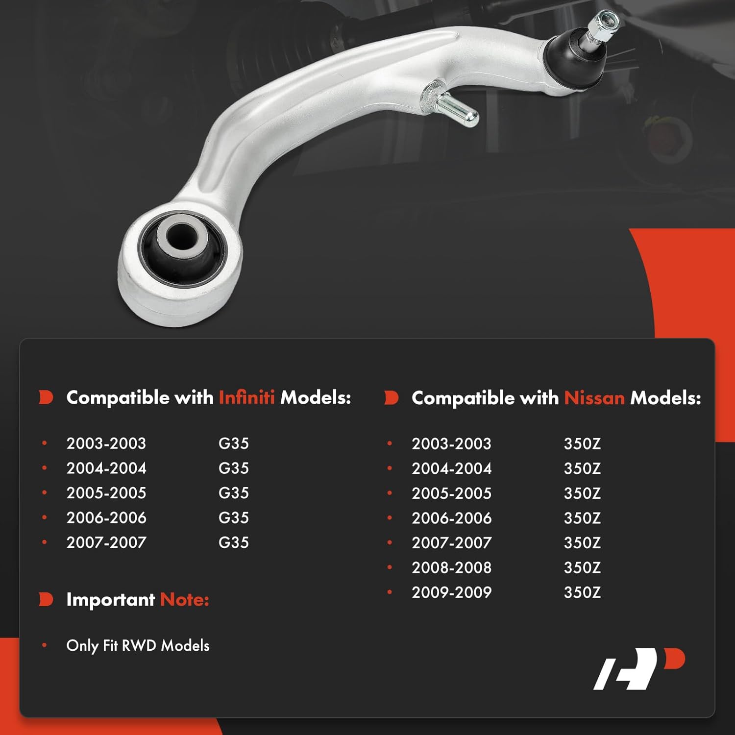 A-Premium Front Left Rearward Lower Control Arm, with Ball Joint & Bushing, Compatible with Infiniti G35 2003-2007, Nissan 350Z 2003-2009, RWD