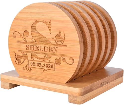 Miniatura 10 de Posavasos de bambú personalizados, posavasos de monograma grabados personalizados con soporte, grandes regalos para familiares, amigos o para ti