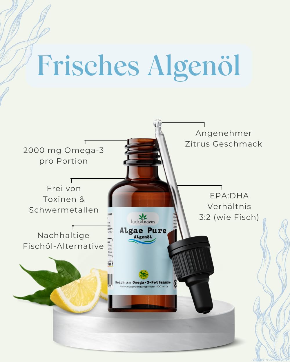 Algenöl zitrone - Algae Pure / 2000 mg Omega-3, EPA und DHA 3:2 / Vegan (1 x 100 ml)