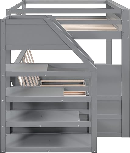 Miniatura 279 de Cama alta funcional tamaño individual con 2 cajones y 2 armarios, base de cama de madera maciza con barandilla de seguridad y escalera de