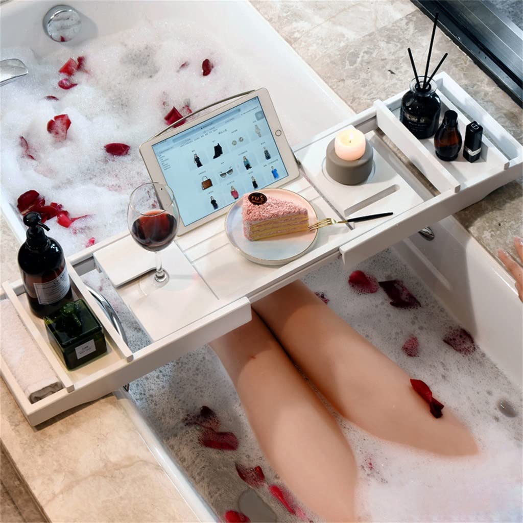 Bandeja de bambú para bañera con laterales extensibles, soporte para libros, vino, tableta, organizador de spa