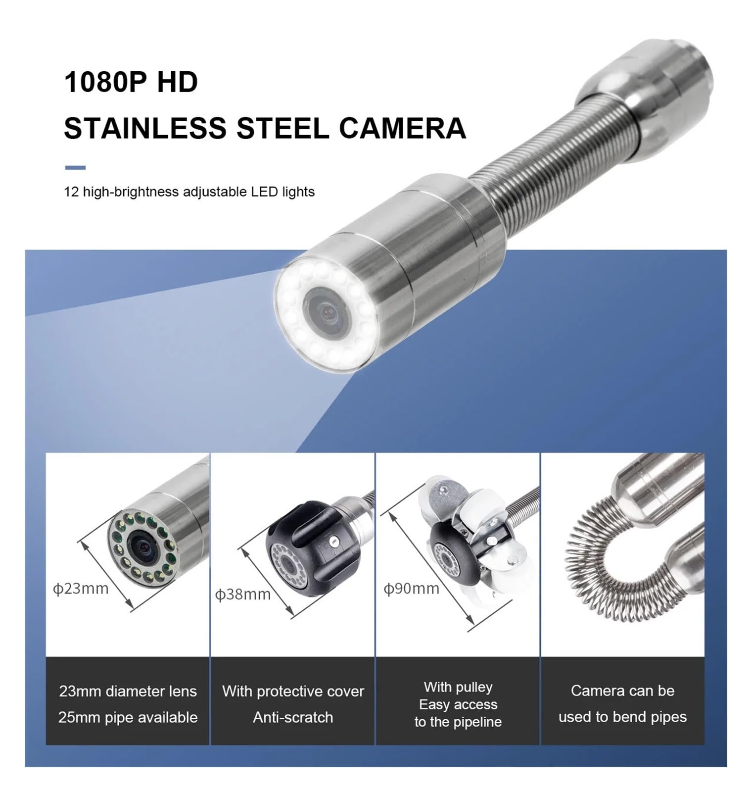 7mm Kabel 100M Kamera Wideo Do Inspekcji Rur 9 Cali Z DVR 8GB Karta TF, Wodoodporny 23MM Endoskop Kanalizacyjnych Dobra Jakość Obrazu(100 m,9in WIFI and DVR)