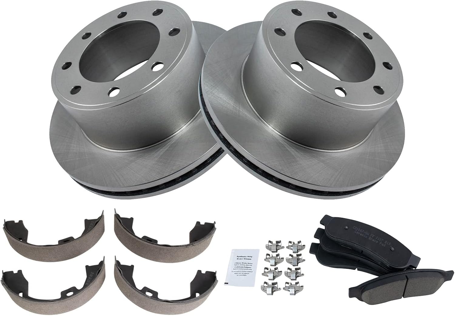 TRQ Rear Brake Pad & Rotor Kit Brake Pads Brake Rotor Parking Brake Shoe Set Ceramic Compatible with 2011-2012 Ford F-250 Super Duty F-350 Super Duty