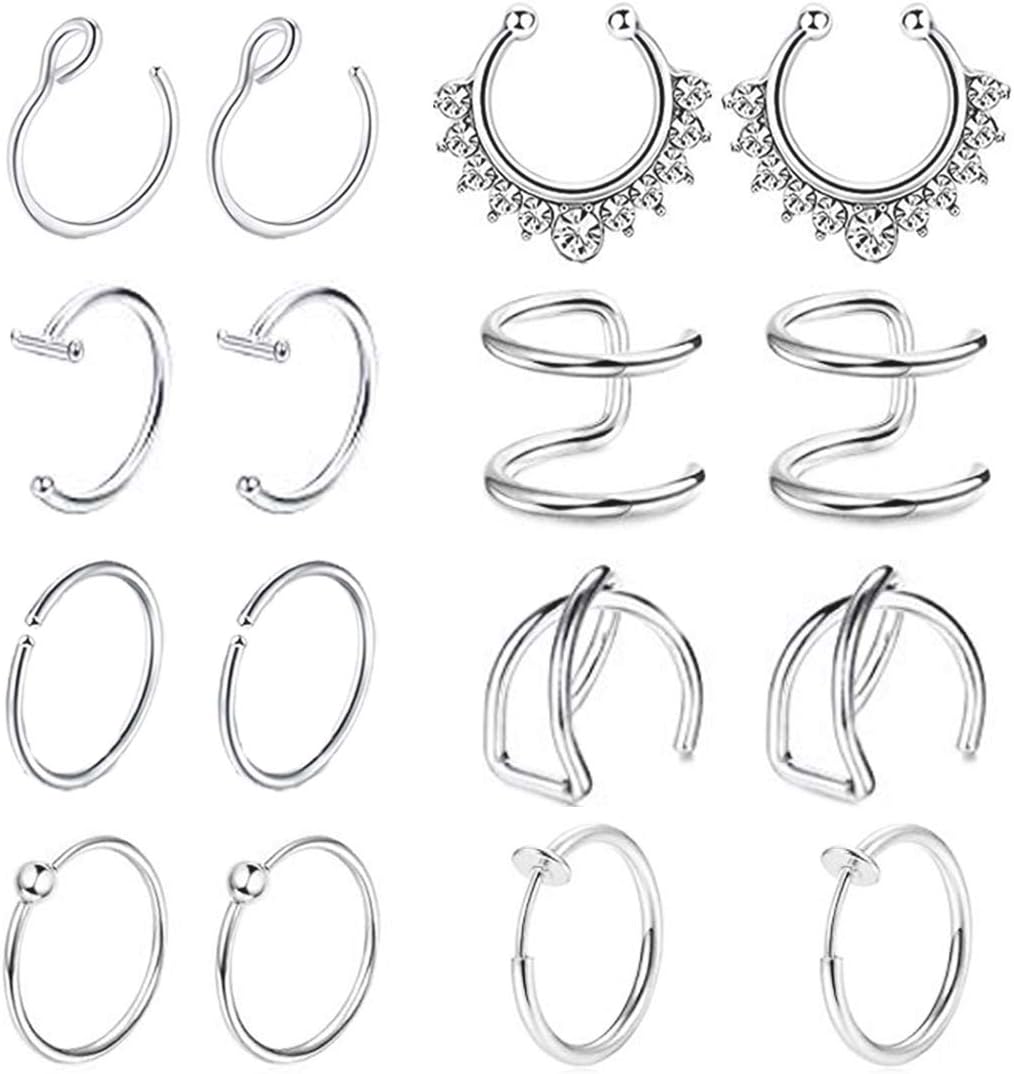 REVOLIA16Pcs 20G Stainless Steel Fake Nose Ring Hoop Clip On Cuff Earrings Cartilage Septum Ring Tragus Ear Faux Piercing Body Jewelry