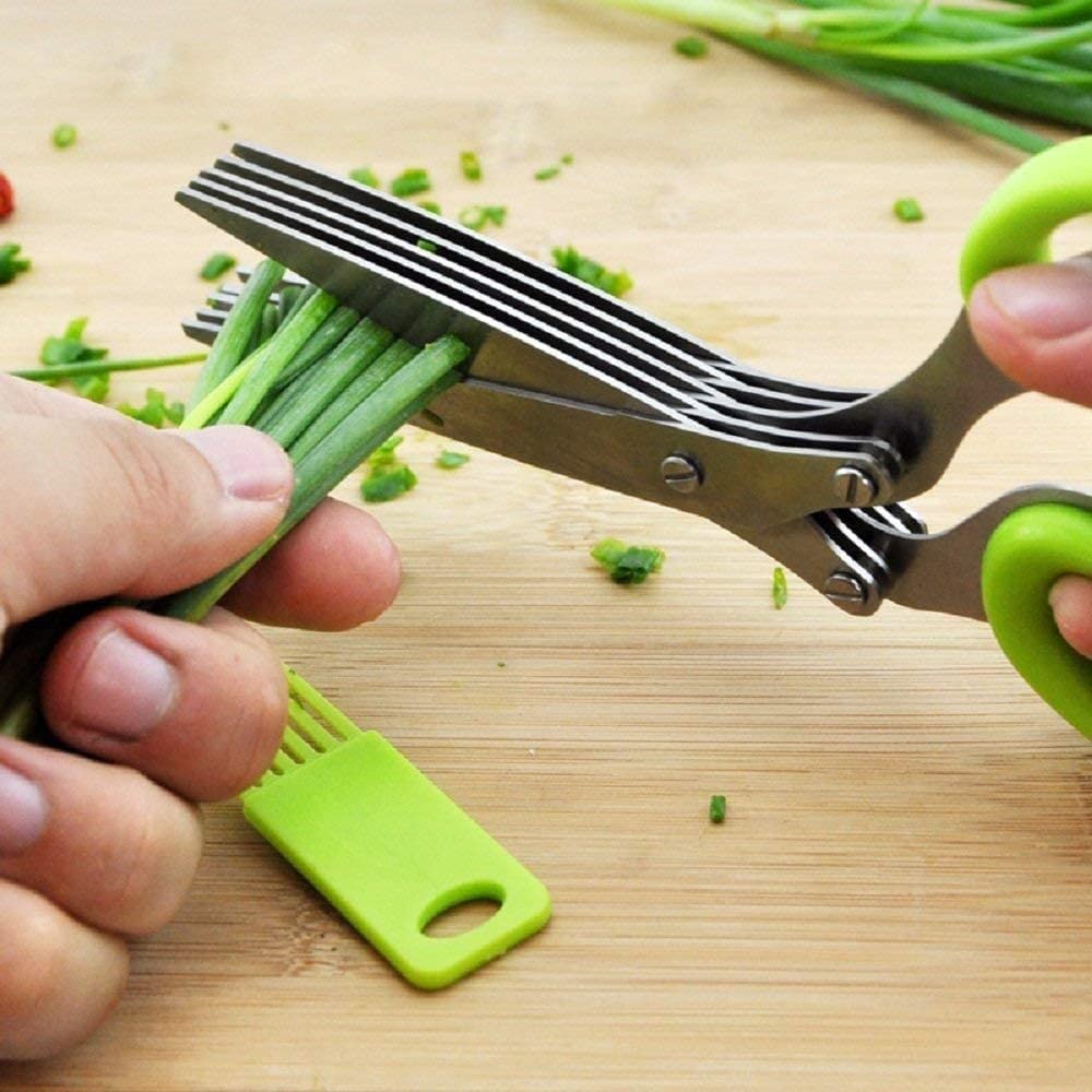 Kitchen Scissors for Home | 5-Blade Herb Cutting Scissors with Stainless Steel Blades & Green Ergonomic Handles | Multipurpose Scissor Set with Cleaning Comb for Vegetable Cutting, Herbs & Spices 4