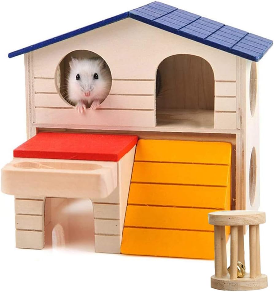 Hkim Hamster Hideout House, Gerbil Villa Wooden Living Hut Cabin Play Toys for Syrian Hamster, Dwarf Hamster, Chinchilla, Mouse, Gerbil and Small Animals (Pink2)