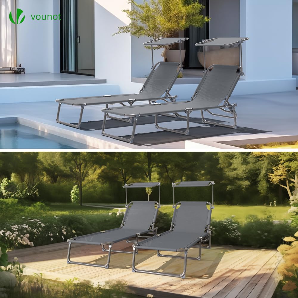 vounot® Lot de 2 Chaise Longue Bain de Soleil avec Pare Soleil Transat Pliable en Textilène avec Parasol Bain De Soleil inclinable en Textilène avec Charge Max 110KG Chaise Longue réglable Gris