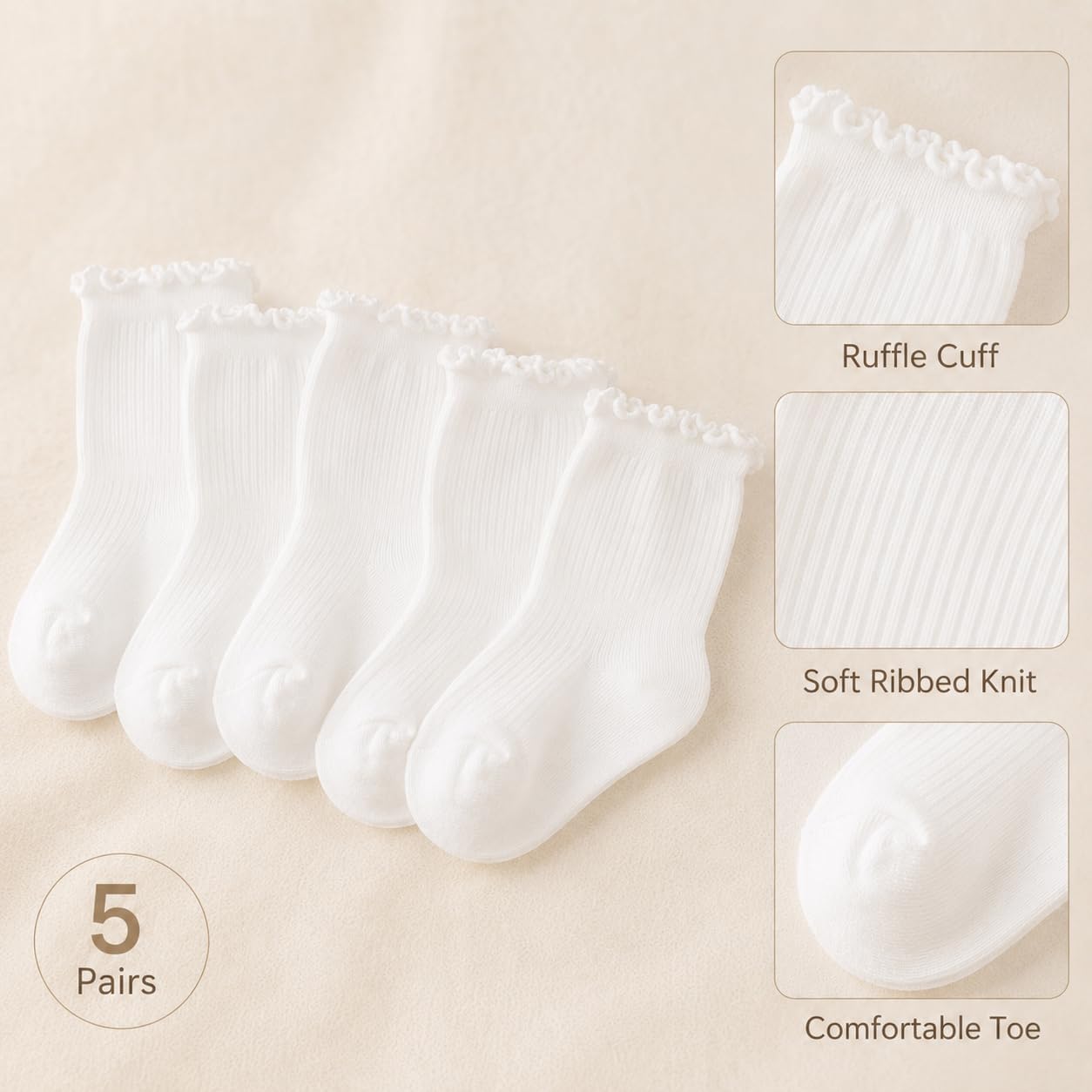 5 Pairs Toddler Ruffle Socks for Girls Cute Soft Crew Sock for Kids 3-5 Y