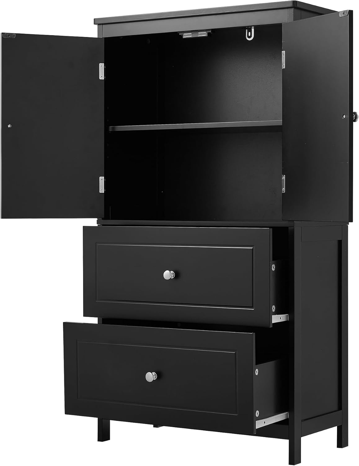 Wide Bathroom Storage Cabinet, Freestanding with Two Doors and 2 Drawers, Adjustable Shelf for Living Room, Kitchen (Black)