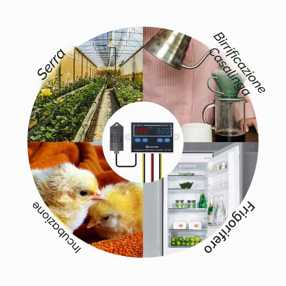 KETOTEK Regolatore di Temperatura e Umidità, Digitale Termoregolatore con Sonda, Termostato Umidostato 220V, Riscaldamento Raffreddamento Umidificazione Deumidificazione Controller