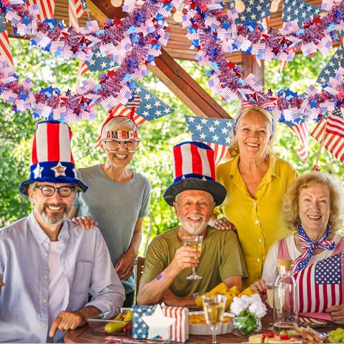 Image of 50FT Patriotic Tinsel Garland 4th of July Decorations, Red White Blue Star American Flag Garland Glitter Patriotic Garland for Fourth July Independence Day Memorial Day Decor Outdoor Indoor Home Party