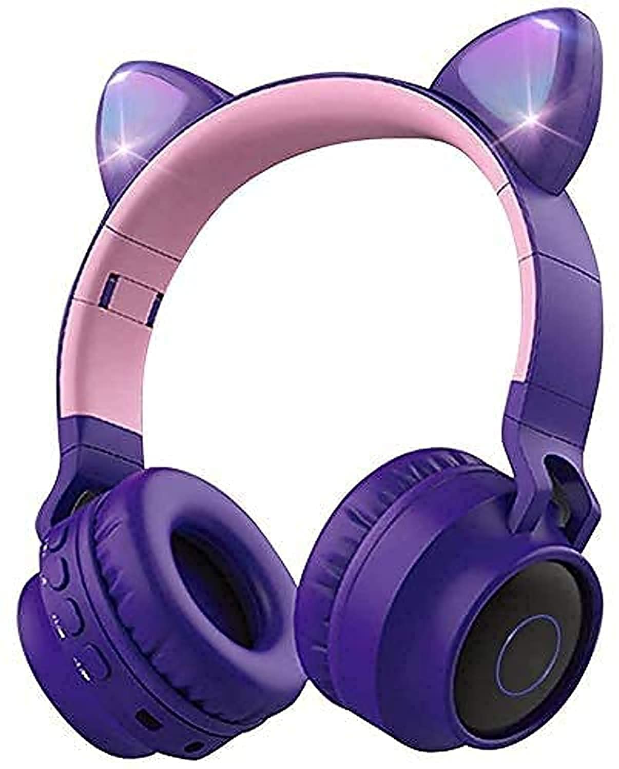 Padom Wireless Bluetooth Kids Headphones, Cat Ears Bluetooth Over Ear Headphones Volume Limiting,LED Lights, FM Radio, TF Card, Aux, Mic for iPhone/iPad/Kindle/Laptop/PC/TV (PURPLE)