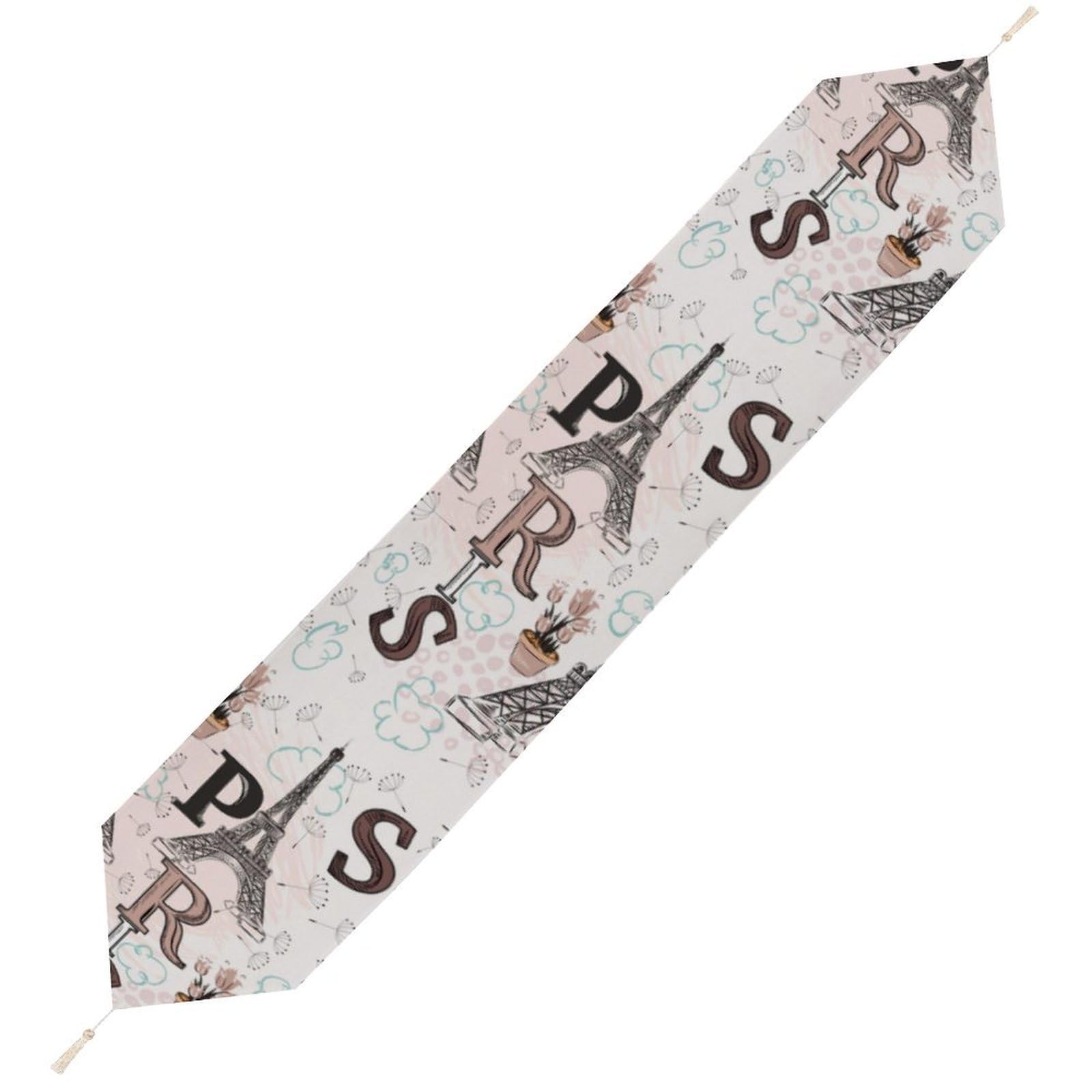 JZemdybill 178*33cm Table Runner with Tassel, Paris Eiffel Tower Floral Table Runner, Table Decoration for Kitchen, Party, Restaurant