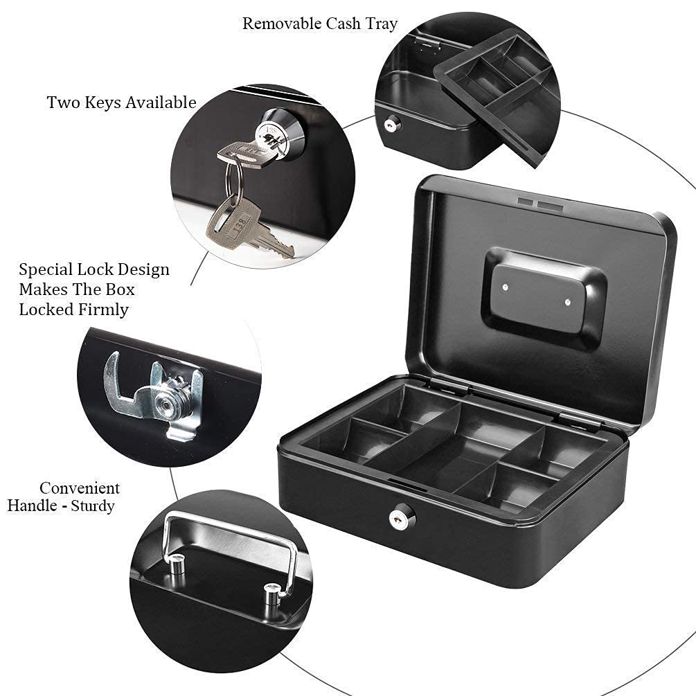 Suptikes 9.84"x 7.87"x 3.54 Metal Cash Box with Key Lock, Note & Coin Tray, Removable Money Tray – Secure Storage for Cash, Documents & Valuables (Black) 3