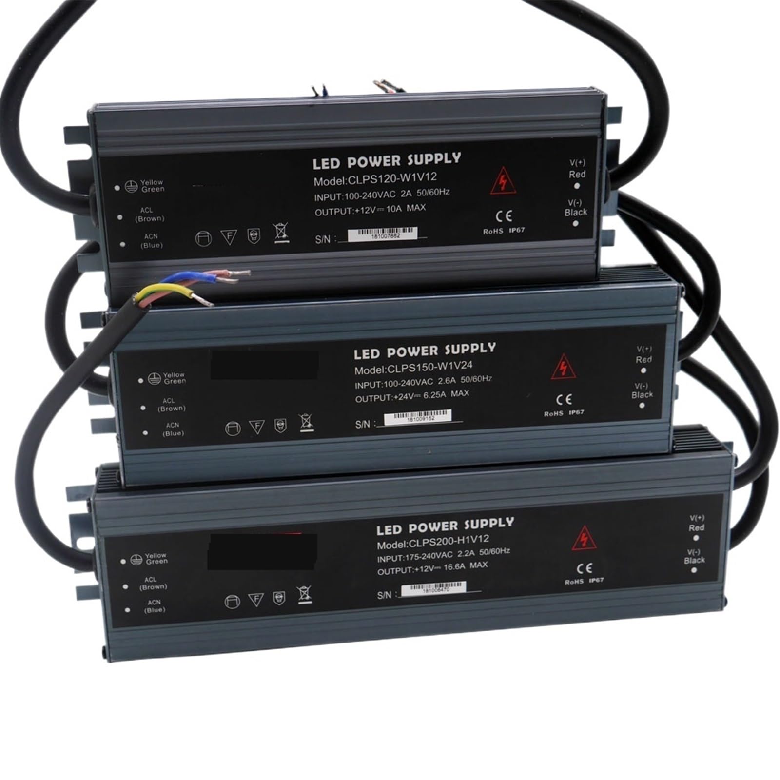 Fuente de alimentación for tira LED impermeable IP67, 45 W/60 W/100 W/120 W/150 W/200 W/250 W/300 W, 175 V~240 V a CC 12 V/24 V.