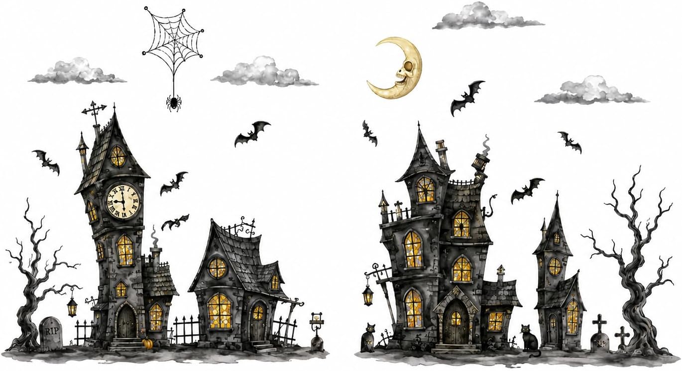 Halloween Haunted Castle Static Window Clings, Watercolor Gothic House Bat PVC Window Stickers, Reusable Static Decals for Window Home Decor